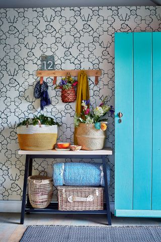 Bright blue open door in cottage hallway ideas