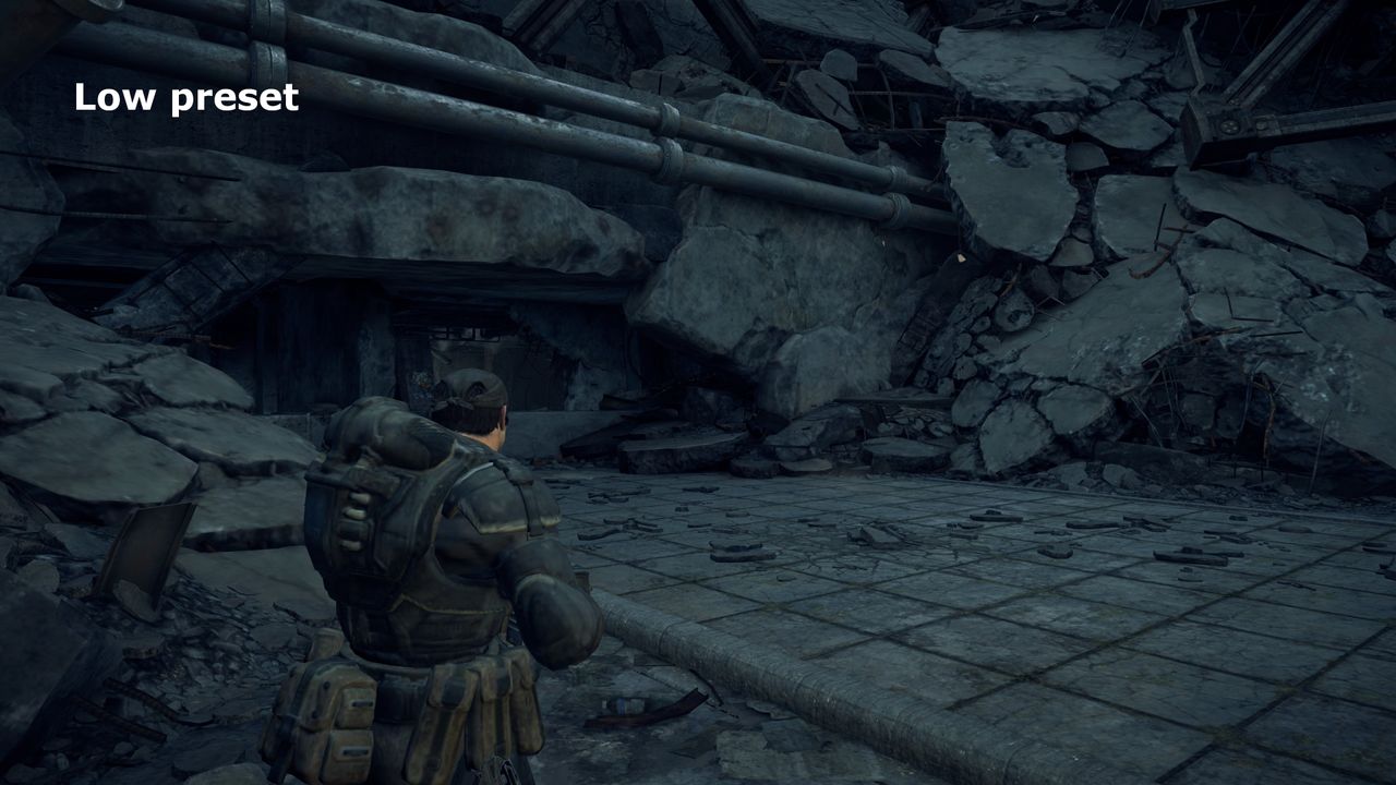 A screenshot of the PC version of Gears of War: Reloaded, showing the visual impact of using the Low quality preset