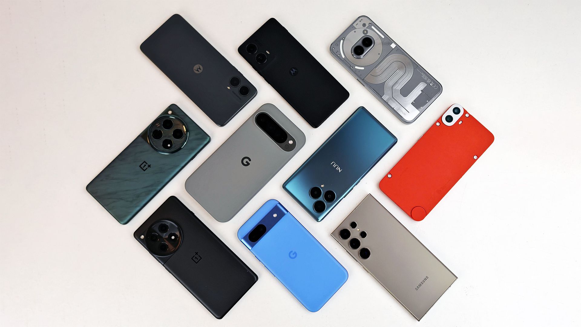 A collection of North American 2024 smartphones including the OnePlus 12, OnePlus 12R, Google Pixel 8a, Google Pixel 9 Pro XL, Samsung Galaxy S24 Ultra, and more.