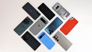 A collection of North American 2024 smartphones including the OnePlus 12, OnePlus 12R, Google Pixel 8a, Google Pixel 9 Pro XL, Samsung Galaxy S24 Ultra, Nuu B30 Pro, CMF Phone 1, Nothing Phone (2a) Plus, Motorola Edge 2024, and Moto G 5G 2024