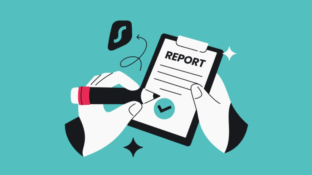 Illustration of a person with a pencil making notes on a piece of paper with the title 'Report' on a clipboard next to the logo of Surfshark VPN.