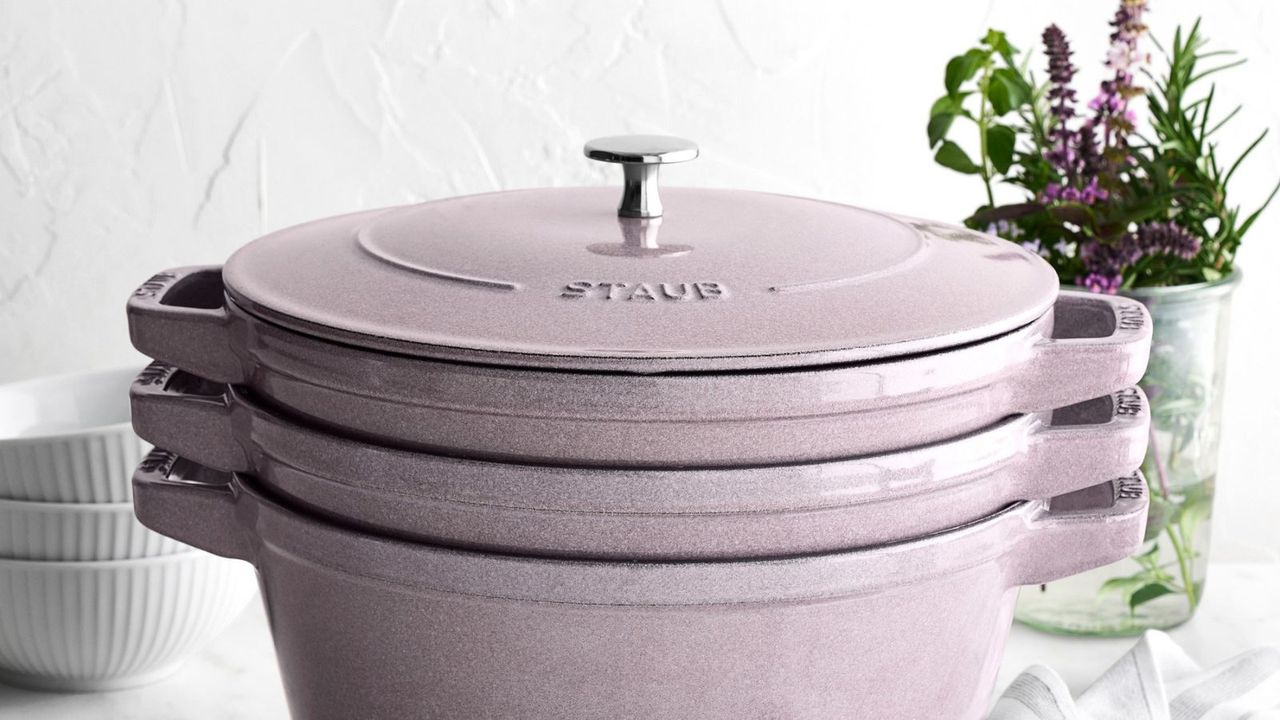 Staub Enameled Cast Iron Stackable Cookware Set in a lavender purple colorway 