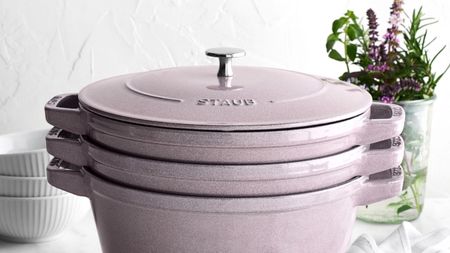 Staub Enameled Cast Iron Stackable Cookware Set in a lavender purple colorway 