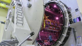 The NISAR satellite enters the thermal vacuum chamber at an ISRO facility in Bengaluru on Oct. 19. It emerged three weeks later having met all requirements of its performance under extreme temperatures and space-like vacuum.