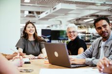 A diverse group of colleagues and business people collaborates on a project at a modern office table surrounded by plants and natural light.