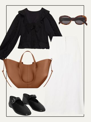 Collage of shirt, bag, flat shoes, linen skirt and sunglasses