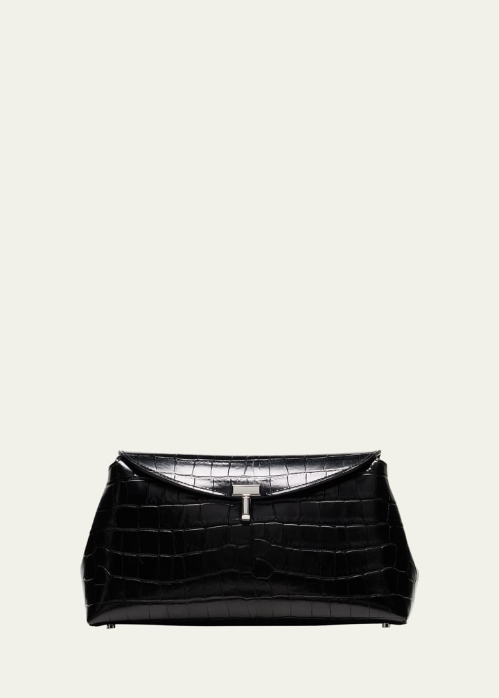 T-Lock Croc-Embossed Leather Clutch Bag