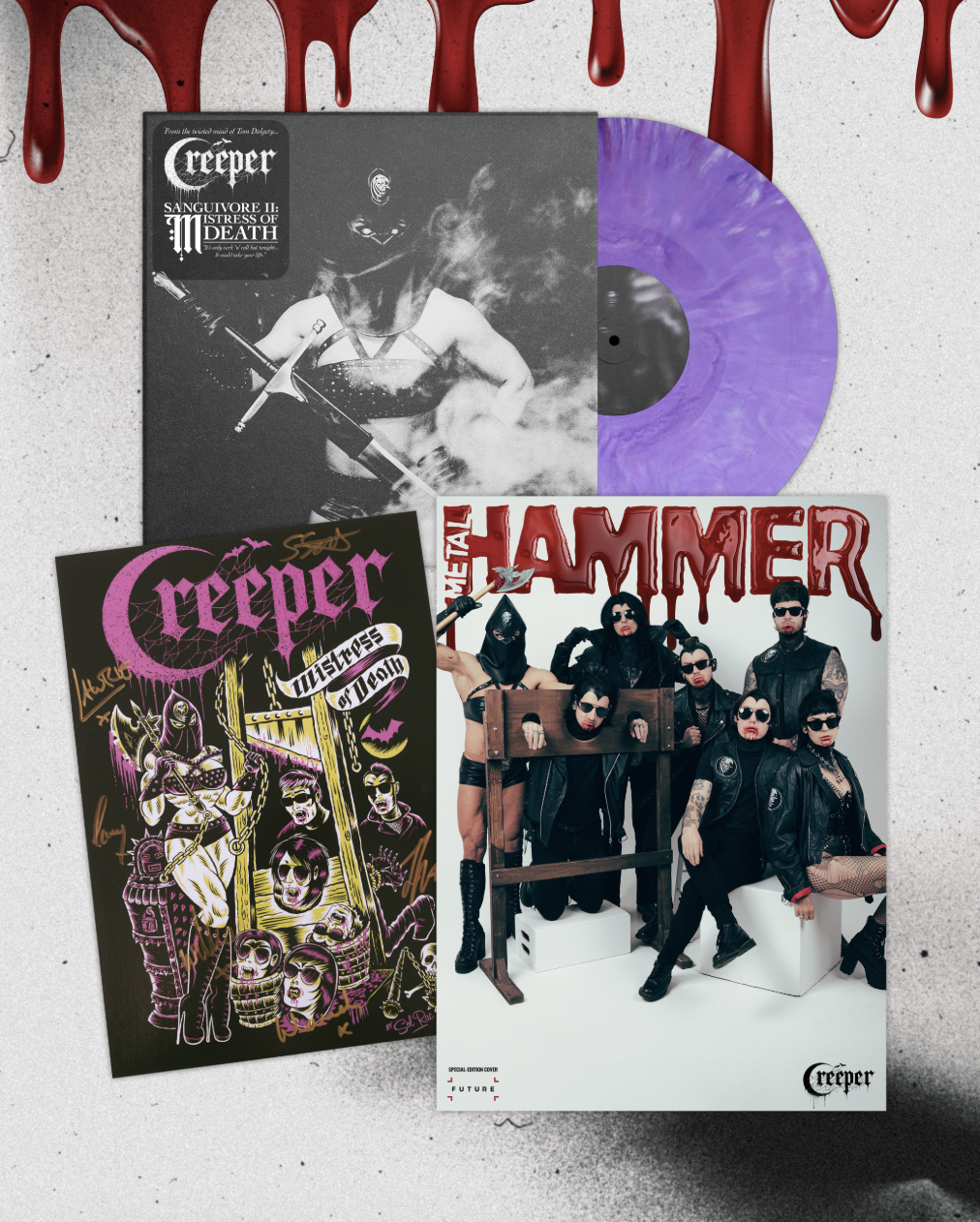 Creeper bundle featuring the band on a magazine cover, plus art card and purple vinyl record