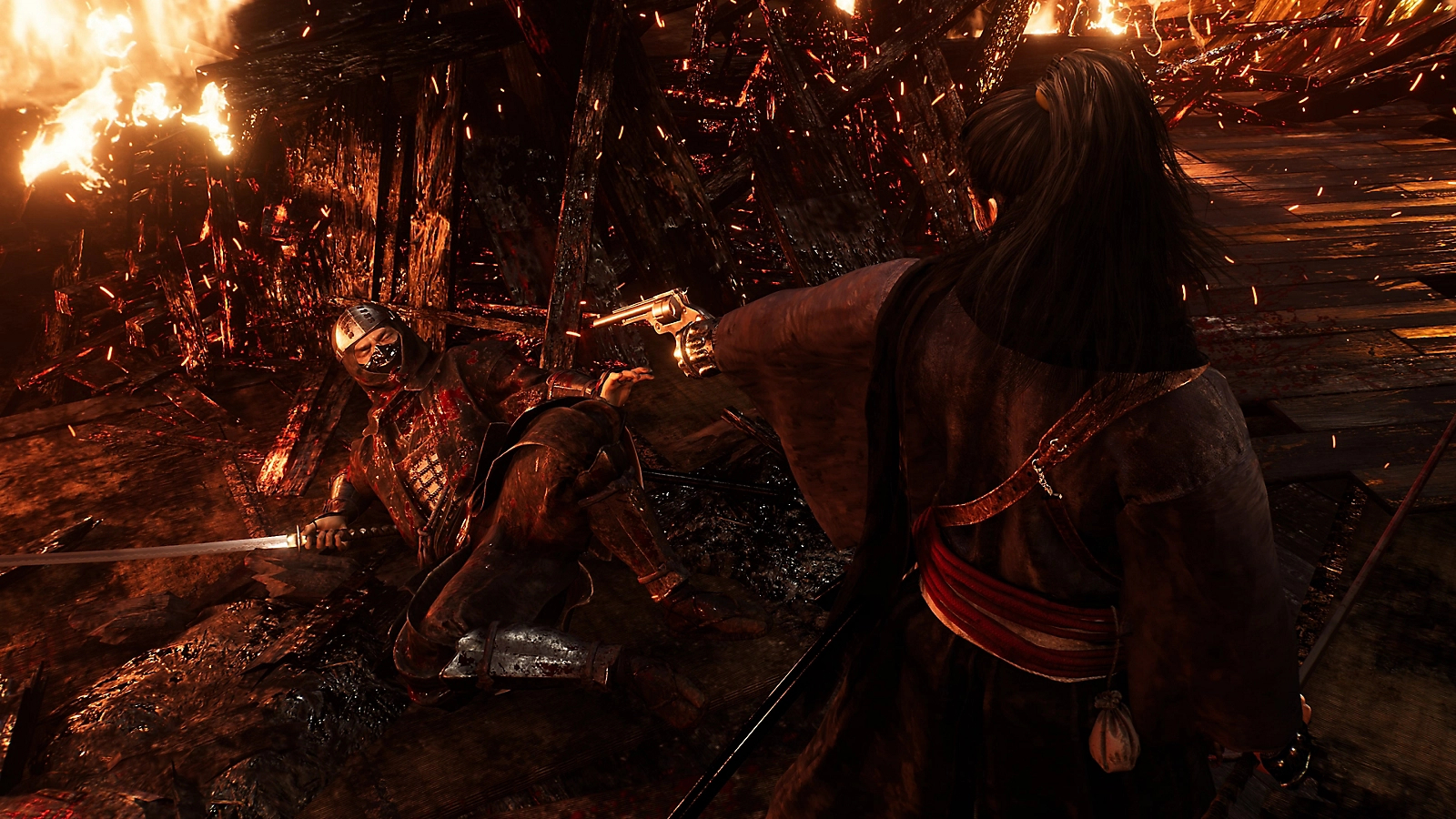 A character in Rise of the Ronin pointing a revolver at an enemy