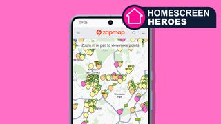 A screen from the app Zapmap on a Google Pixel 8 phone on a pink background with text stating Homescreen Heroes