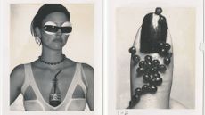 Donna Trope Polaroids for past beauty shoots, showing model with Coke bottle in bra top, and a painted nail adorned with caviar
