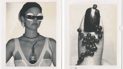 Donna Trope Polaroids for past beauty shoots, showing model with Coke bottle in bra top, and a painted nail adorned with caviar