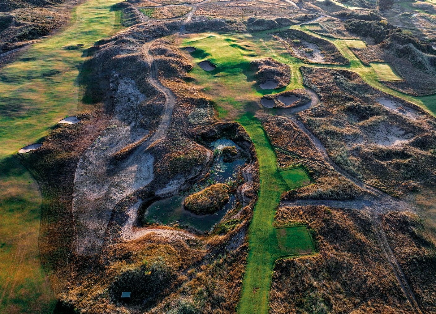 An aerial view of the par 3 15th hole at Royal Birkdale