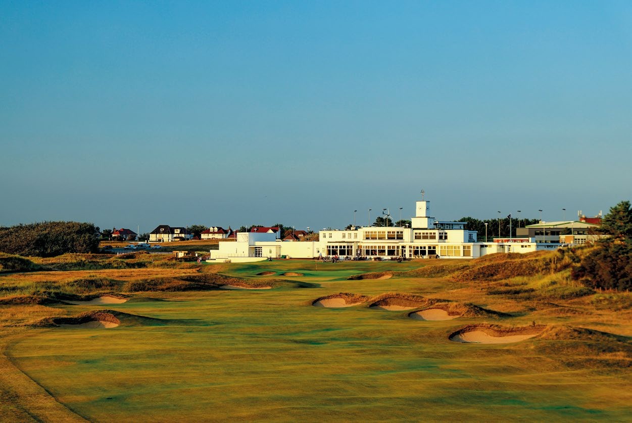 Looking down the 18th hole at Royal Birkdale with the clubhouse in the background
