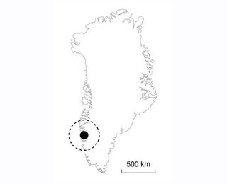 The black circle on map shows the location of the meteorite impact structure near the town Maniitsoq in Greenland. Image released June 28, 2012.