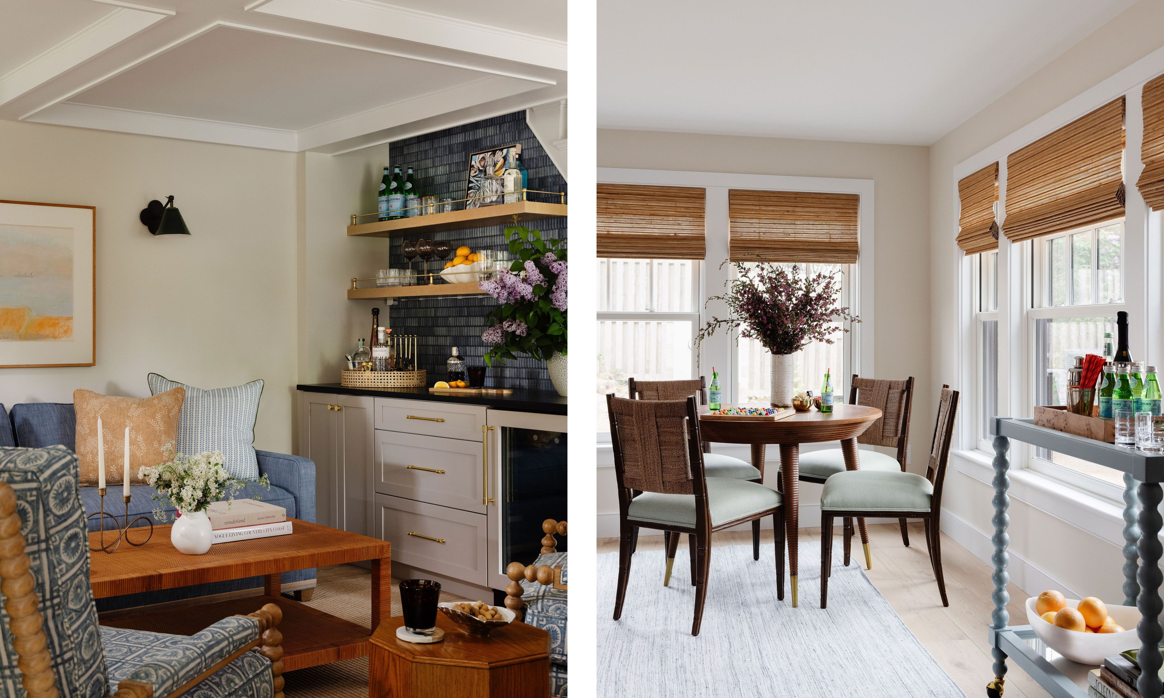 split image of a kitchen area and dining table