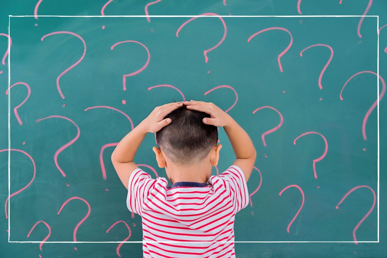 Riddles for kids illustrated by kid in red striped t shirt looking at chalkboard with question marks on it