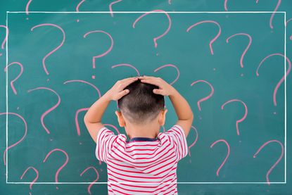Riddles for kids illustrated by kid in red striped t shirt looking at chalkboard with question marks on it