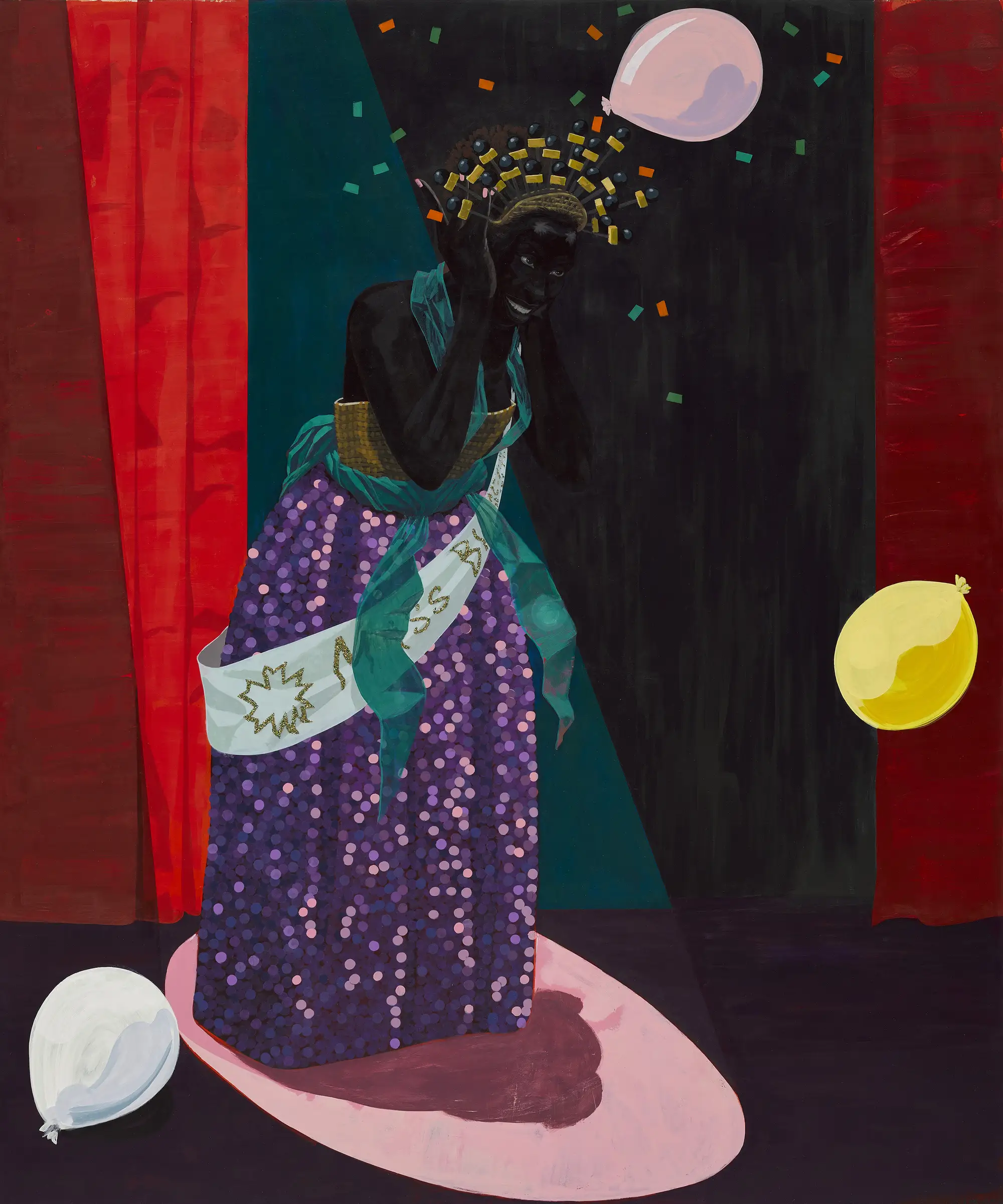 An artwork of acrylic and glitter on PVC panel showing a beauty queen on stage in poppy colours