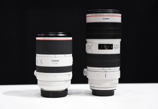 The Canon RF 70-200mm (left) is comparable in length to its EF predecessor (right) when fully extended