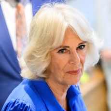 A headshot of Queen Camilla wearing a blue collared dress and a serious expression