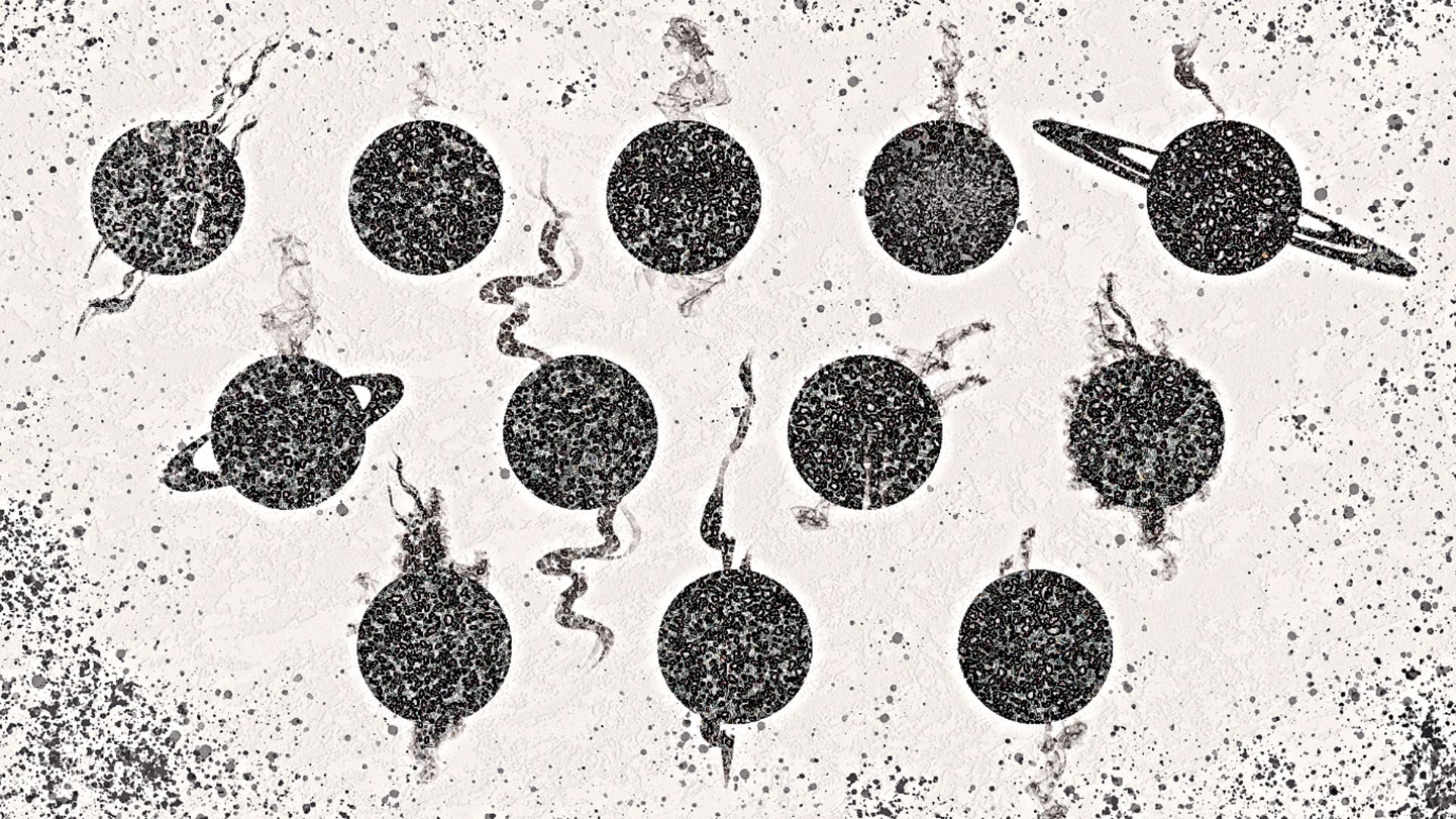 A black and white illustration showing a bunch of black circles releasing soot.