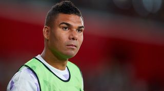 Casemiro of Real Madrid looks on during the LaLiga Santander match between UD Almeria and Real Madrid CF at Juegos Mediterraneos on August 14, 2022 in Almeria, Spain