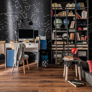 Playroom storage with books and desk