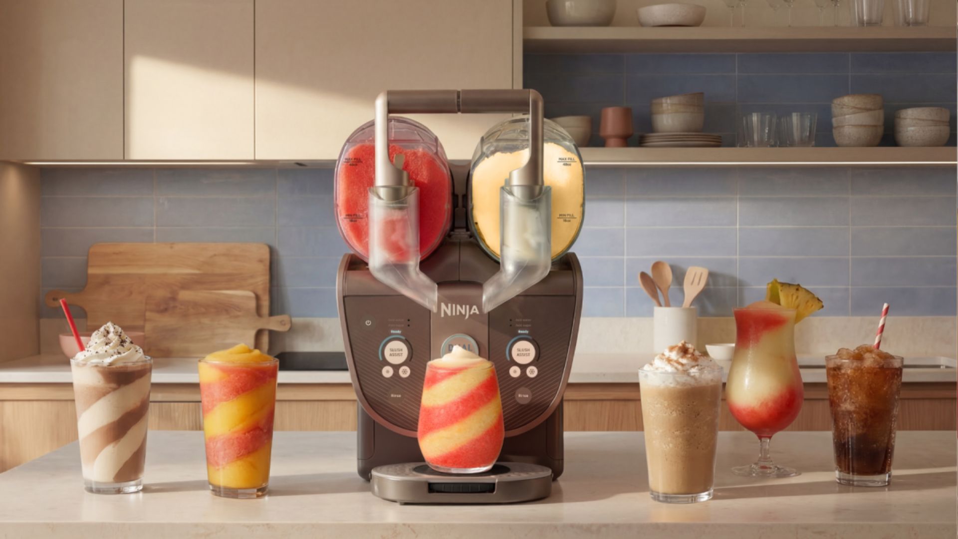 The Ninja Slushi Twist with frozen drinks around it, including the twist design