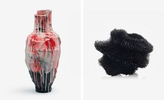 Left: A thin vase with narrow stem painted in various colours with paint running down the sides. Right: a small black sponge-like object.