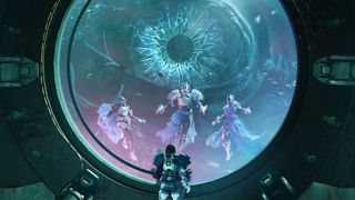 Destiny 2 Season of the Deep Sloane looking out a large porthole window at three Guardians swimming in the water