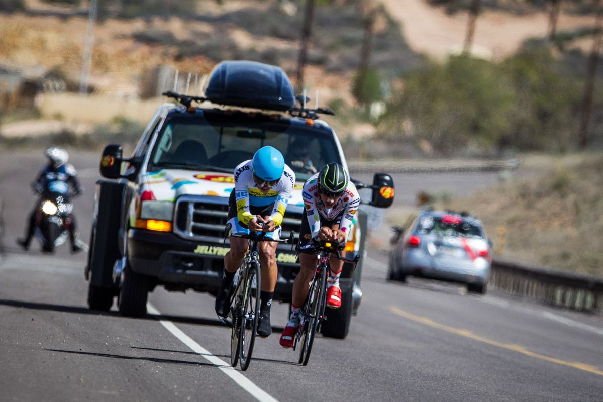 Lachlan Morton (Jelly Belly) passes riders on the way to fourth.