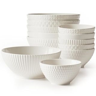 Maison Neuve the Gianna Collection Set of 12 White Ceramic Bowls - 6 White Soup Bowls (24oz) and 6 Dipping Bowls (9oz) - Dinner Bowls for Eating Salad, Dessert, Serving Dips & Sauces - Gift Set