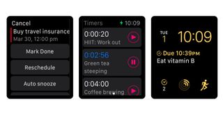 Skjermbilder fra appen Due – Reminders & Timers på Apple Watch.