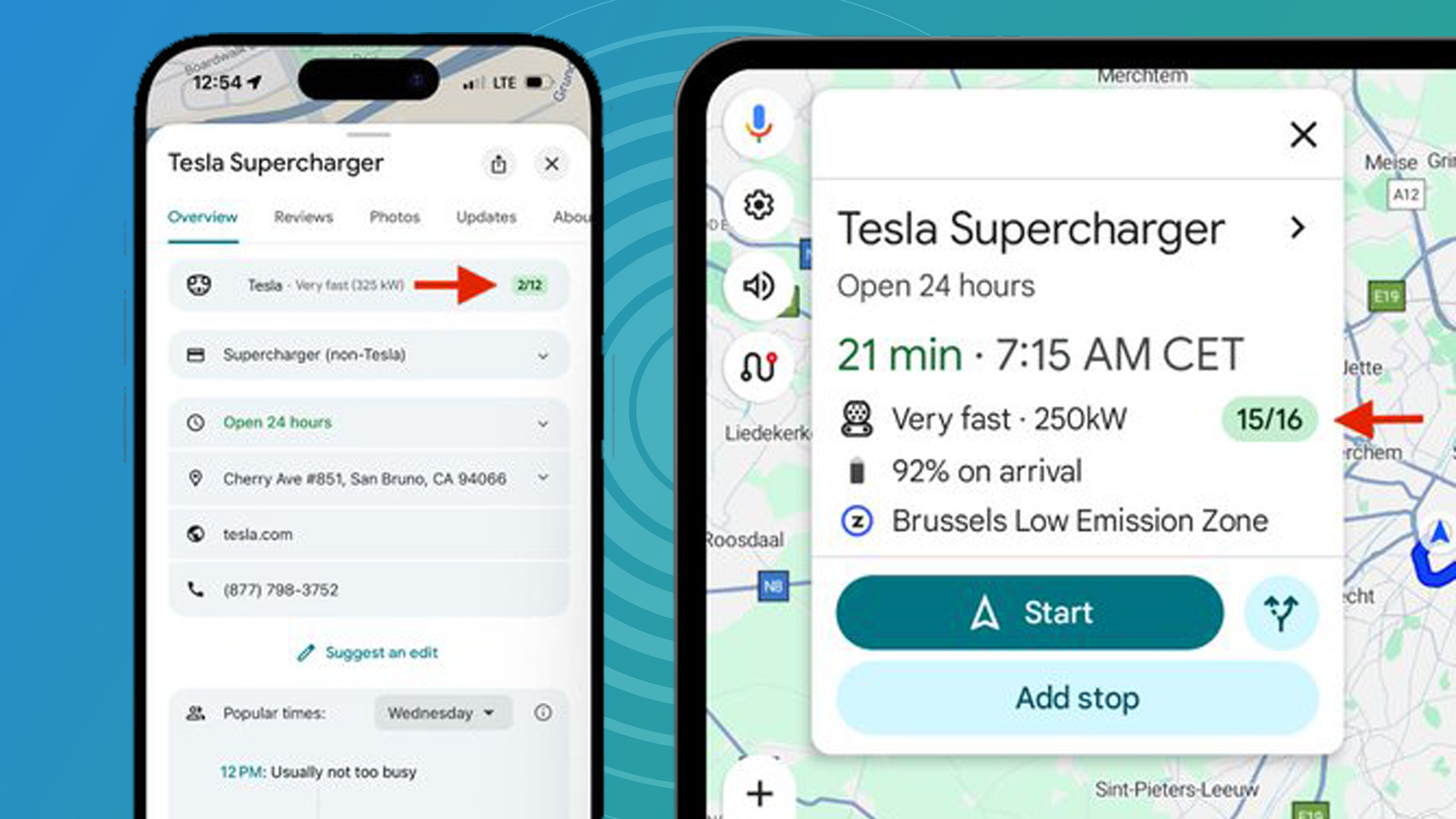A phone and tablet on a blue and green background showing Tesla Supercharger info on Google Maps