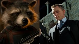 Rocket Raccoon from Guardians of the Galaxy Vol. 3 and Daniel Craig from Casino Royale, both pictured holding guns side-by-side
