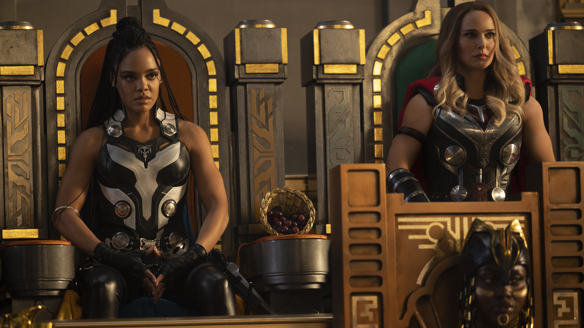 Valkyrie and Jane Foster's Mighty Thor sit in a council of gods alongside Bast in Thor: Love and Thunder
