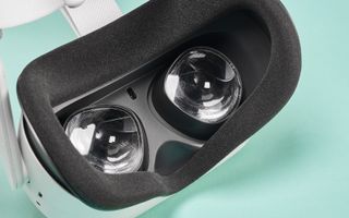 The dark lenses of an Oculus Quest 2 headset.