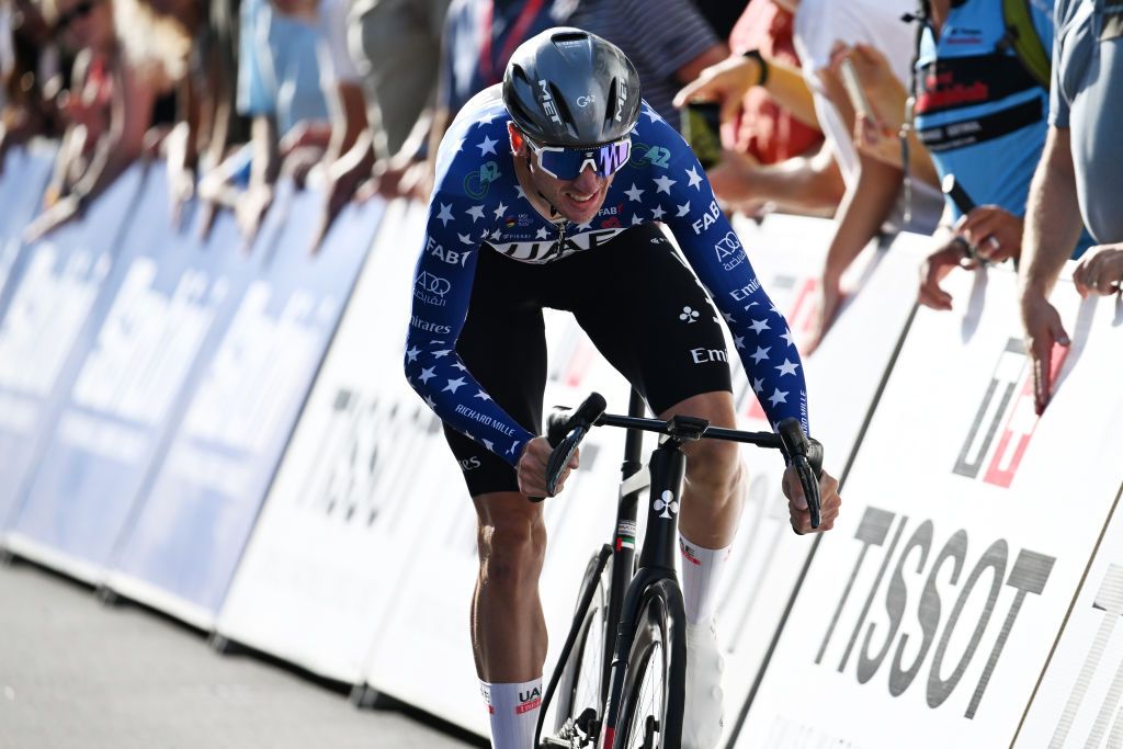 ST WENDEL GERMANY AUGUST 23 Brandon Mcnulty of The United States and UAE Team Emirates sprints during the 38th Deutschland Tour 2023 Prologue a 23km individual time trial stage from Sankt Wendel to Sankt Wendel on August 23 2023 in St Wendel Germany Photo by Christian KasparBartkeGetty Images
