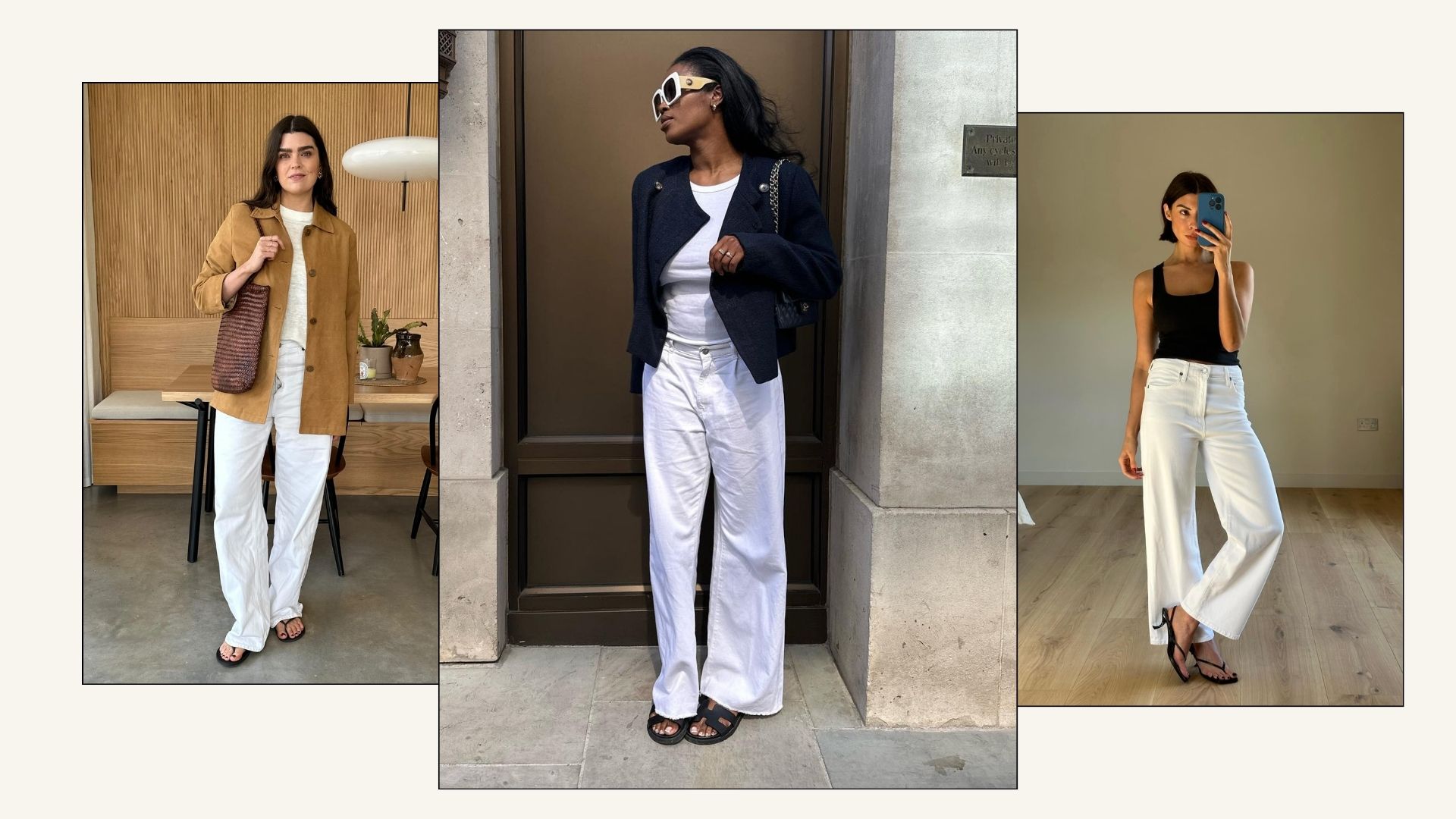 Influencer wears white jeans and black sandals.