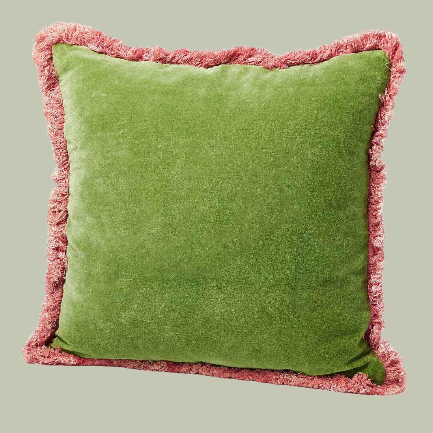 A mid green cushion cover with a candy pink hem