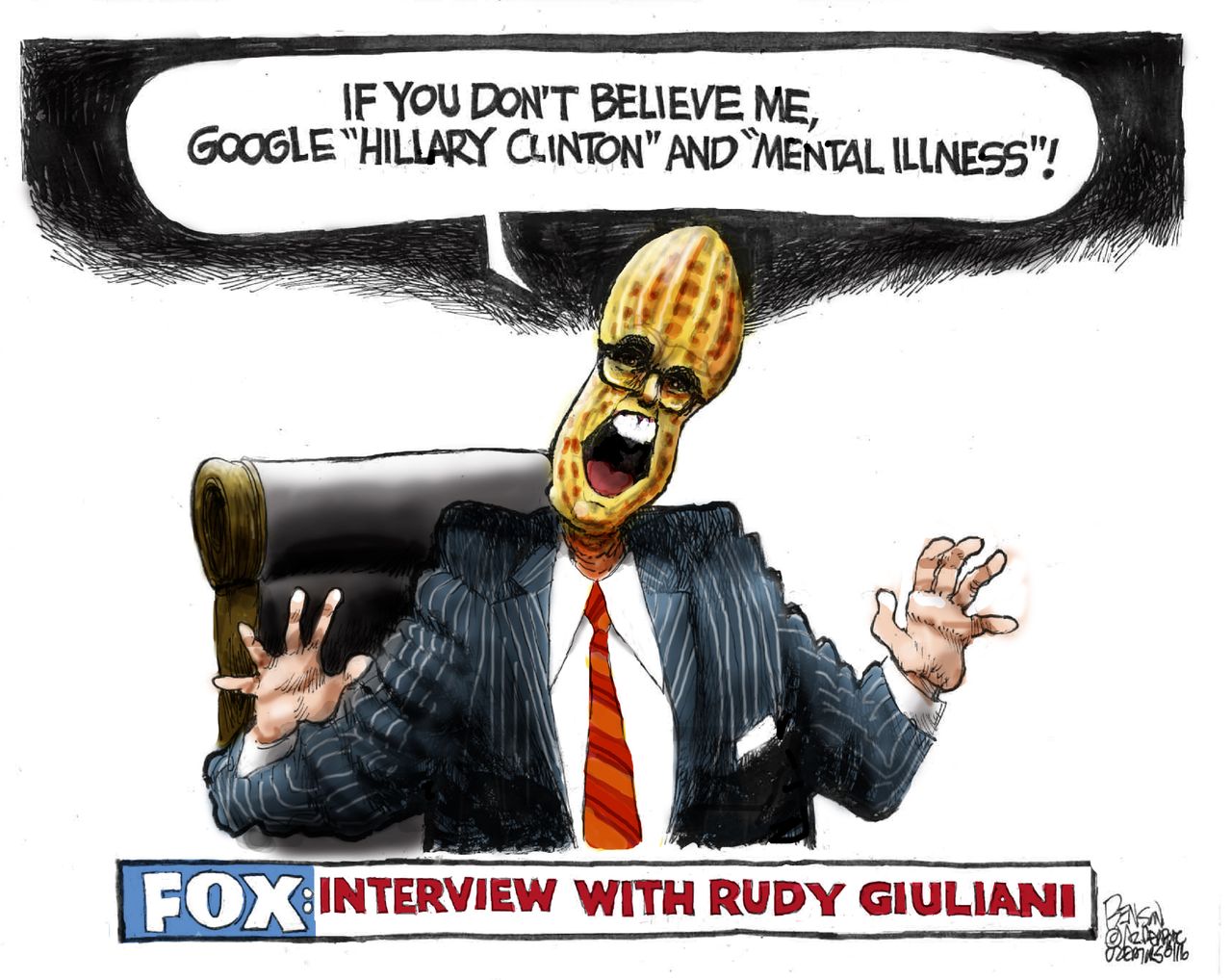 Political cartoon U.S. 2016 election Rudy Giuliani Hillary Clinton