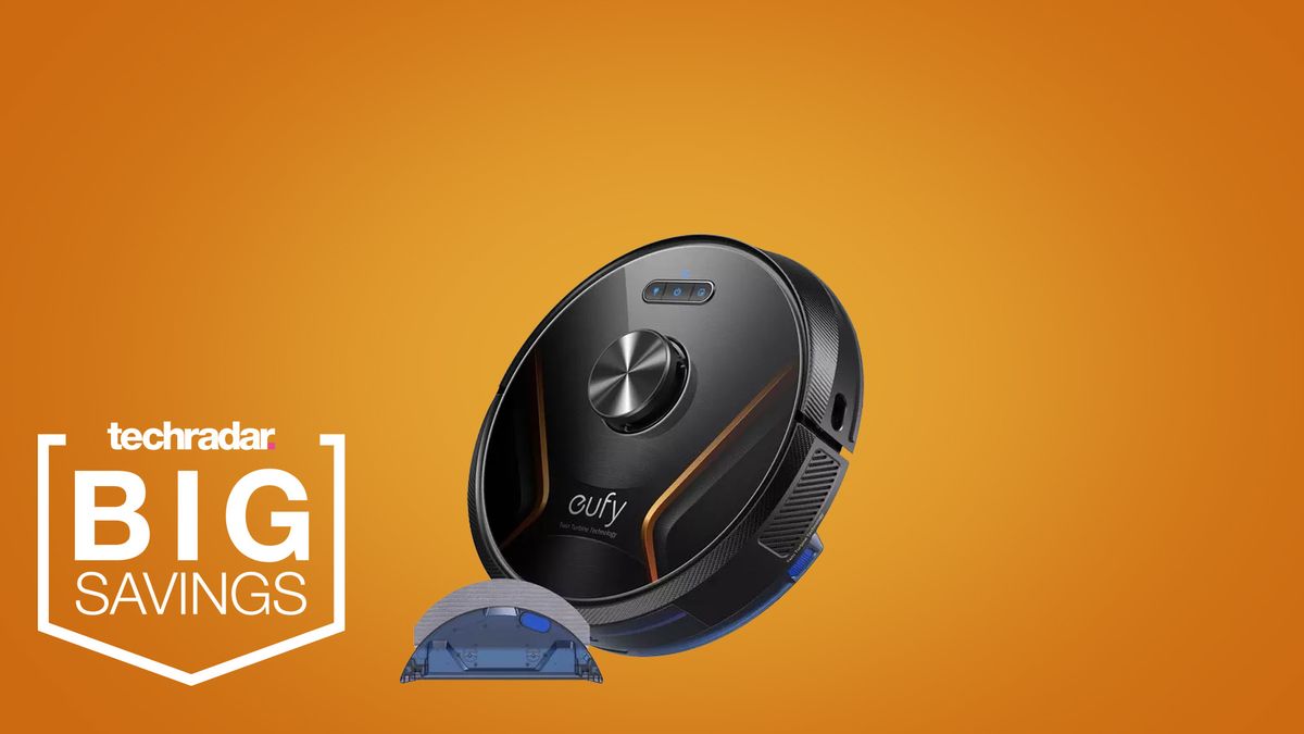 The Eufy RoboVac X8 Hybrid on an orange background