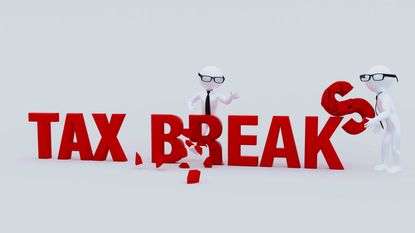 picture of stick men breaking letters that spell "tax breaks"