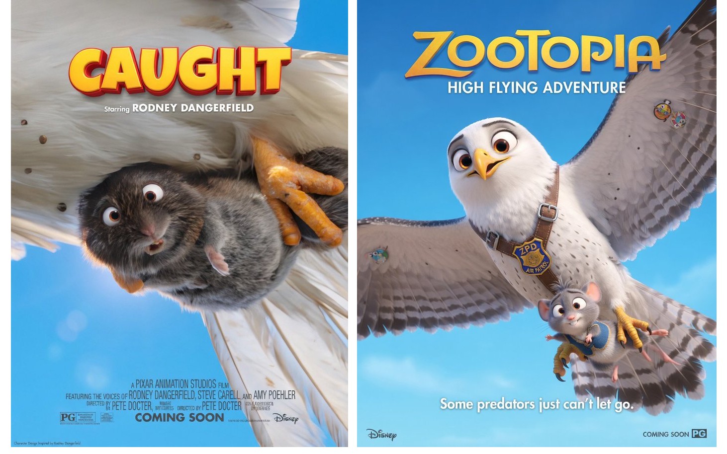 Two side-by-side AI-generated movie posters featuring anthropomorphic animals in the style of Disney and Pixar.
