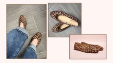 matilda wearing the george at asda leopard flats next to a still life shot of the same shoes