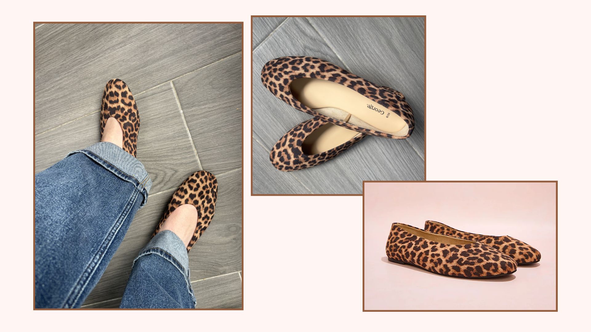 matilda wearing the george at asda leopard flats next to a still life shot of the same shoes