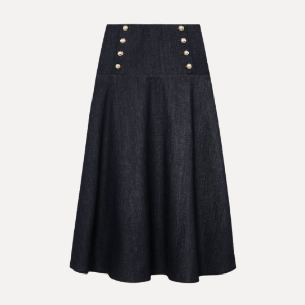 Button-Detail Denim Midi Skirt