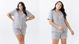 composite of model wearing Cozy Earth Short Sleeve Bamboo Pajama Set in grey
