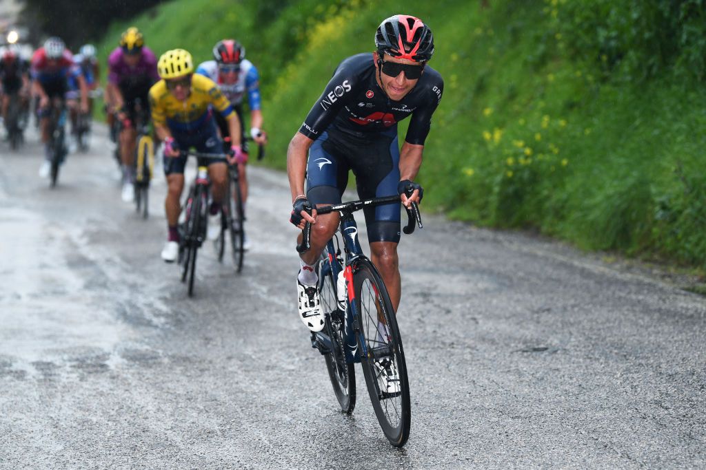 CASTELFIDARDO ITALY MARCH 14 Sergio Andres Higuita Garcia of Colombia and Team EF Education Nippo Egan Arley Bernal Gomez of Colombia and Team INEOS Grenadiers during the 56th TirrenoAdriatico 2021 Stage 5 a 205km stage from Castellalto to Castelfidardo 175m Rain TirrenoAdriatico on March 14 2021 in Castelfidardo Italy Photo by Tim de WaeleGetty Images